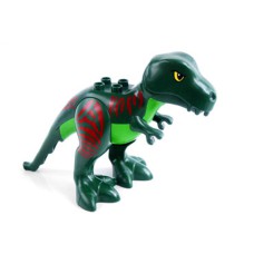 Duplo tyranosaurus rex s tmavočervenými pruhy a jasně zeleným břichem